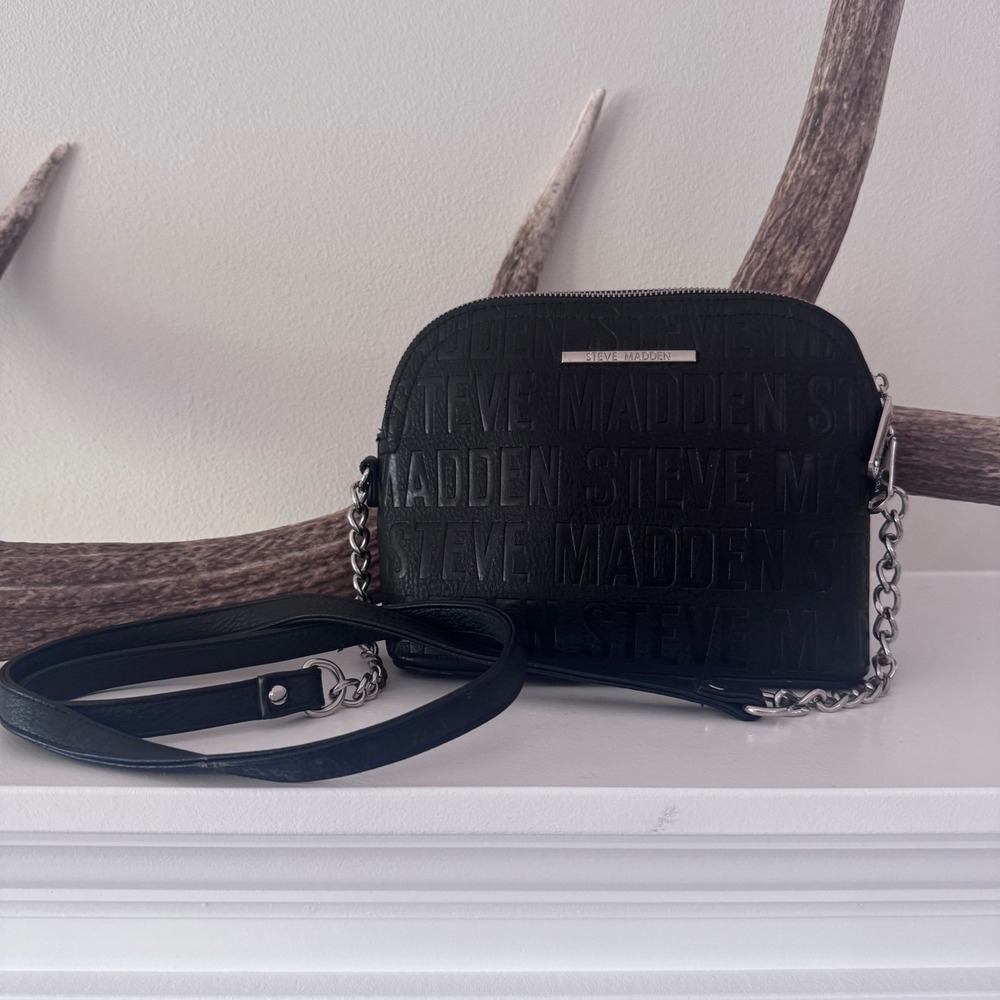 Steve Madden Black Embossed Logo Dome Crossbody Bag Silver Hardware